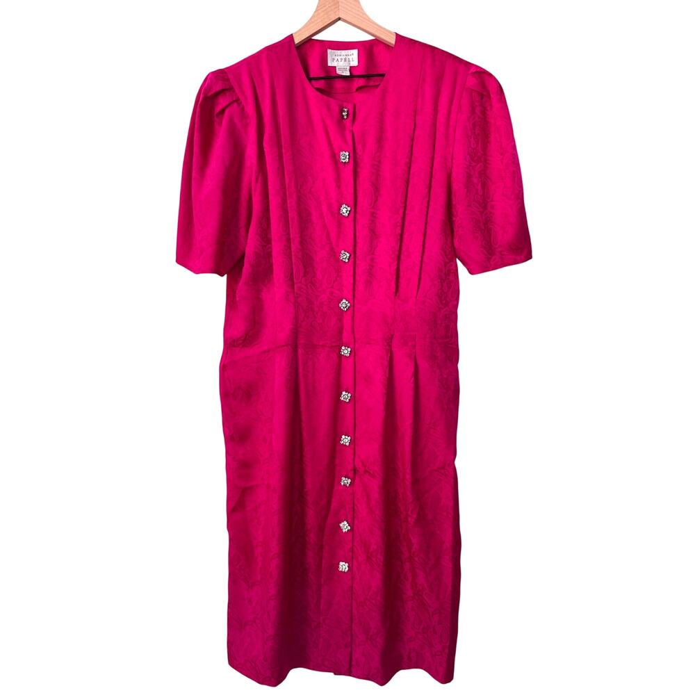 Vtg Silk ADRIANNA PAPEL‎ Dress Plus 16 80s Glam Paisley Rhinestone Puff Sleeve
